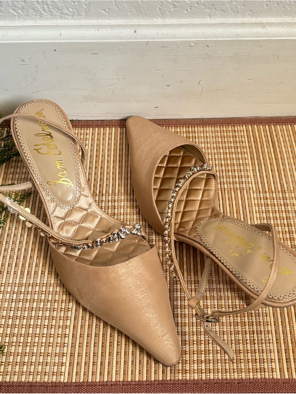Sam Edelman Champagne Satin Pointed Toe Slingback Heels with Crystal Strap
